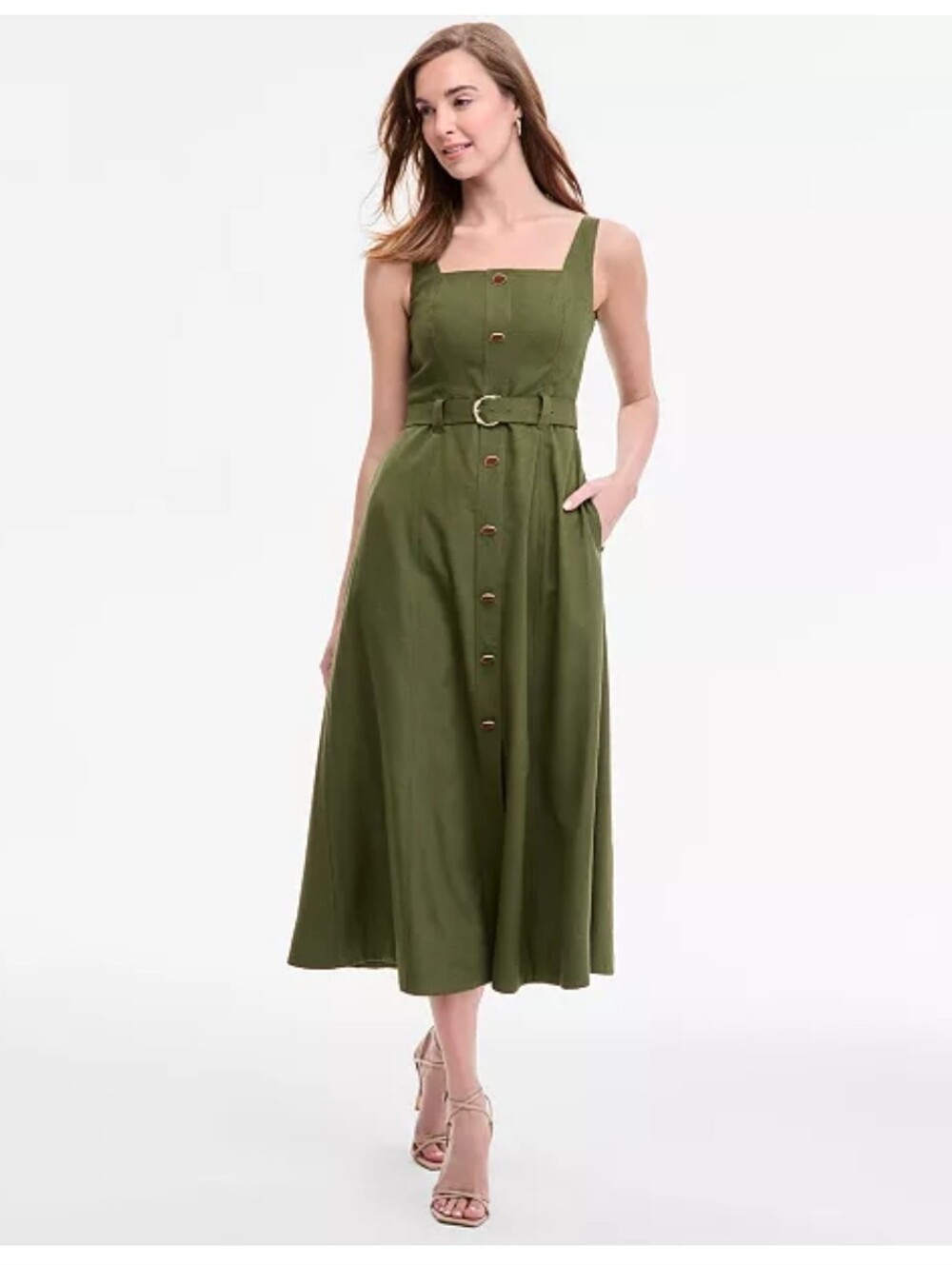 Taylor NWT Size 8P Olive Green Linen Blend Button Front Belted Midi Dress $138